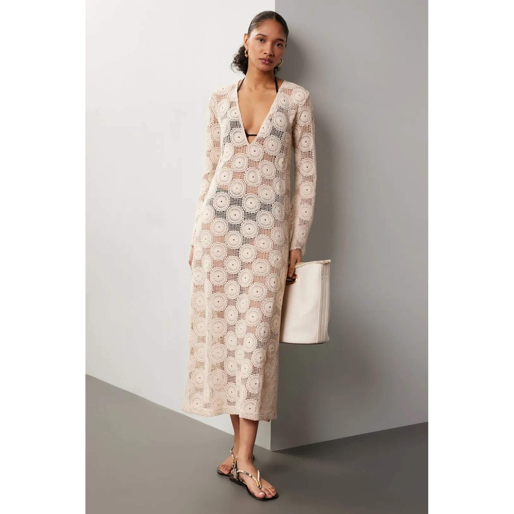 Ronny Kobo Collective Cream Medallion Crochet Maxi Dress Long Bell Sleeve Small